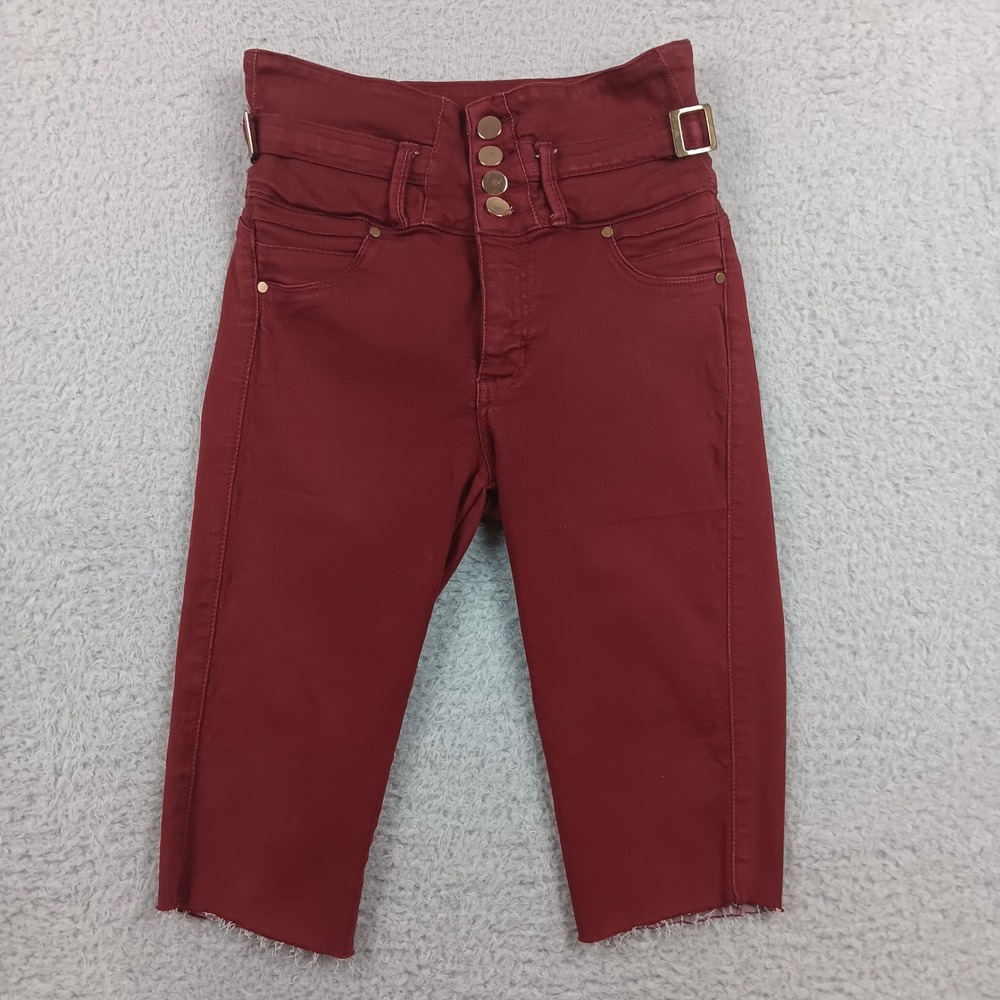 La Antioqueñita Capri Pant High Waist 12 Burgundy Side Buckle Raw Hem